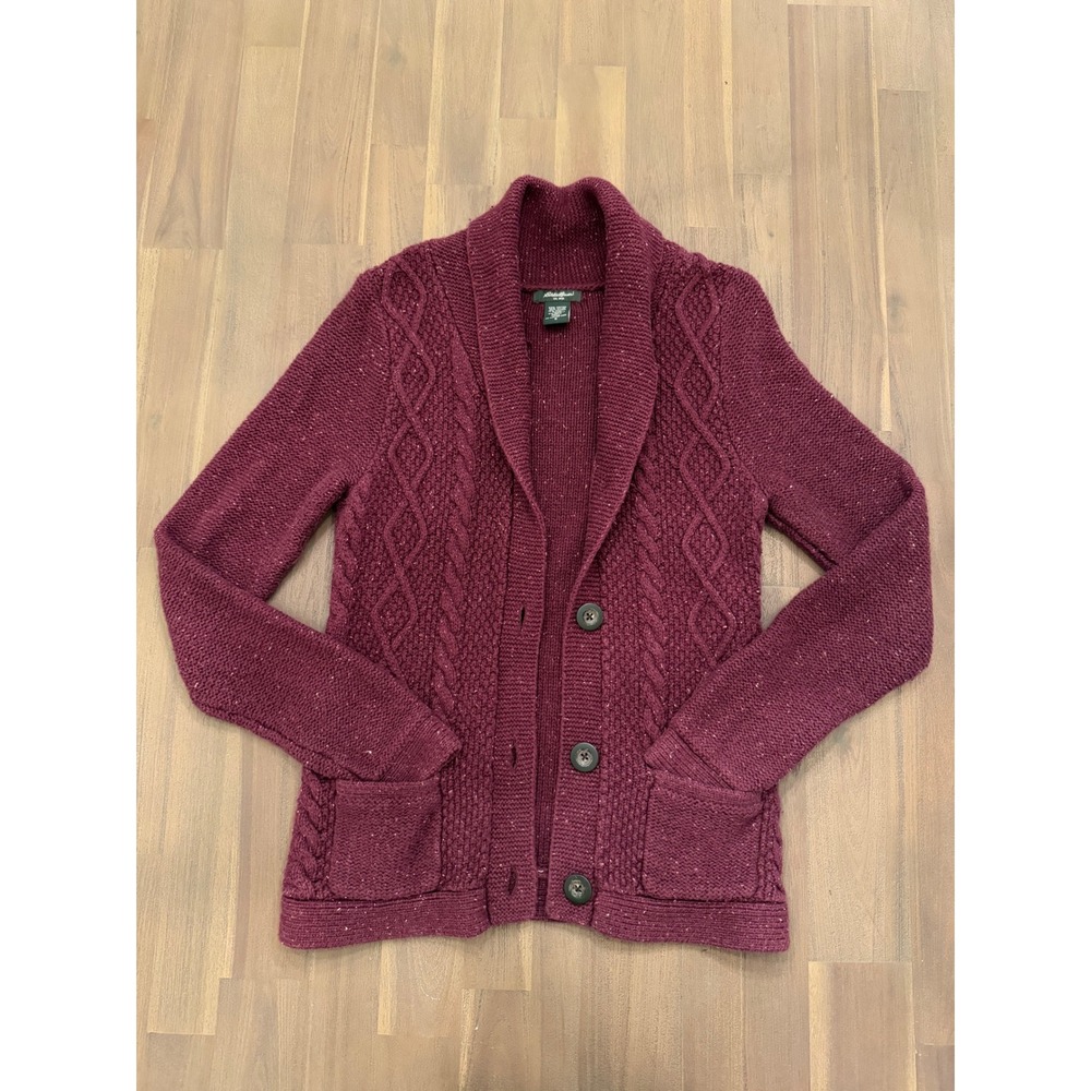 Eddie Bauer Burgundy Cable Knit Cardigan Sweater‎ with Speckled Detail Size S